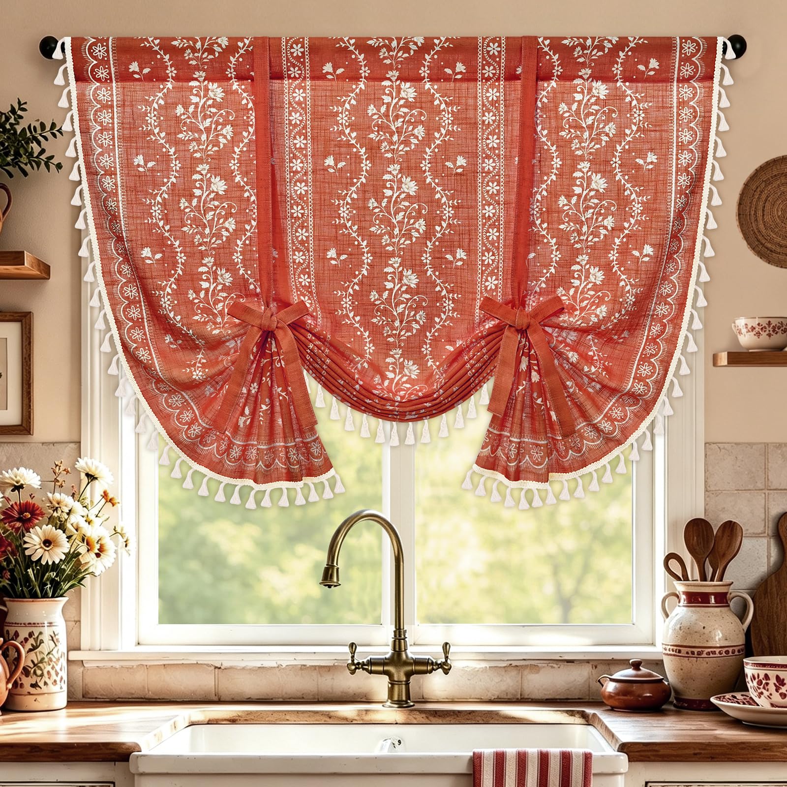 Yinhua Boho Tie Up Curtains for Windows Vintage Linen Valance Light Filtering Floral Valance Rod Pocket Rustic Adjustable Tassel Window Valances for Bathroom, 42" W X 45" L, Terracotta