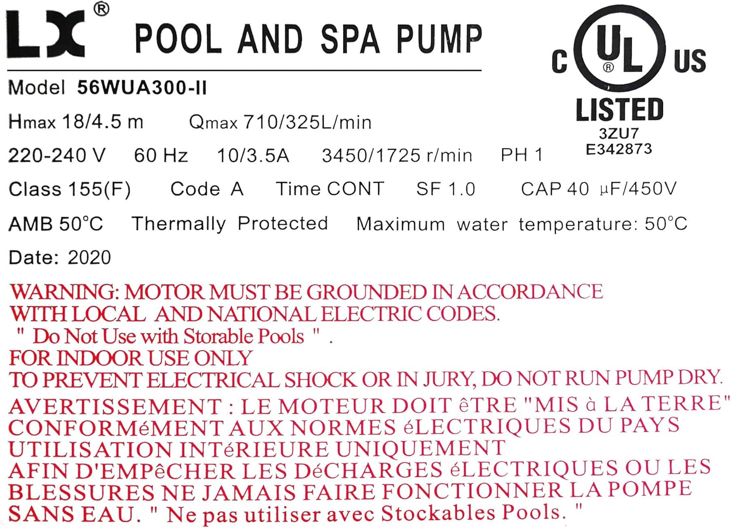 Hot Tub Spa Pump, 3HP, Two Speed, 56Frame, LX Motor, (220-240V/60Hz); 2" Port; OEM#1019801-03 and 56WUA300-II