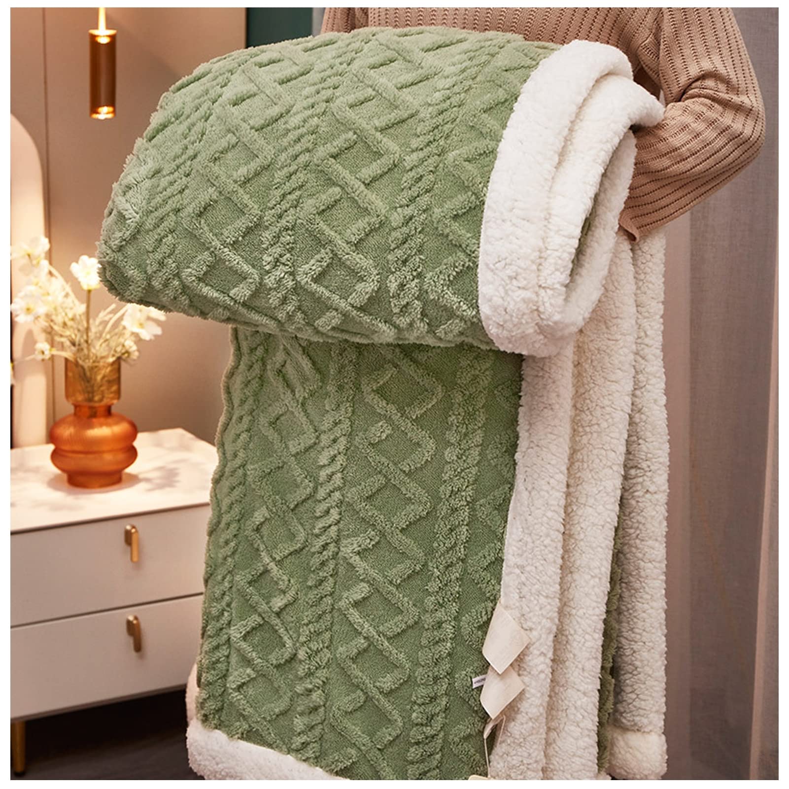 Mantas Sofa, Manta Sherpa Cama, Manta Cubre Sofa Invierno Reversible, Mantas Polar de Sherpa Multiuso, Suave Manta Sofa Invierno, Manta Borreguito para Sofa y Sobrecama,Verde,100X150cm 0.8kg