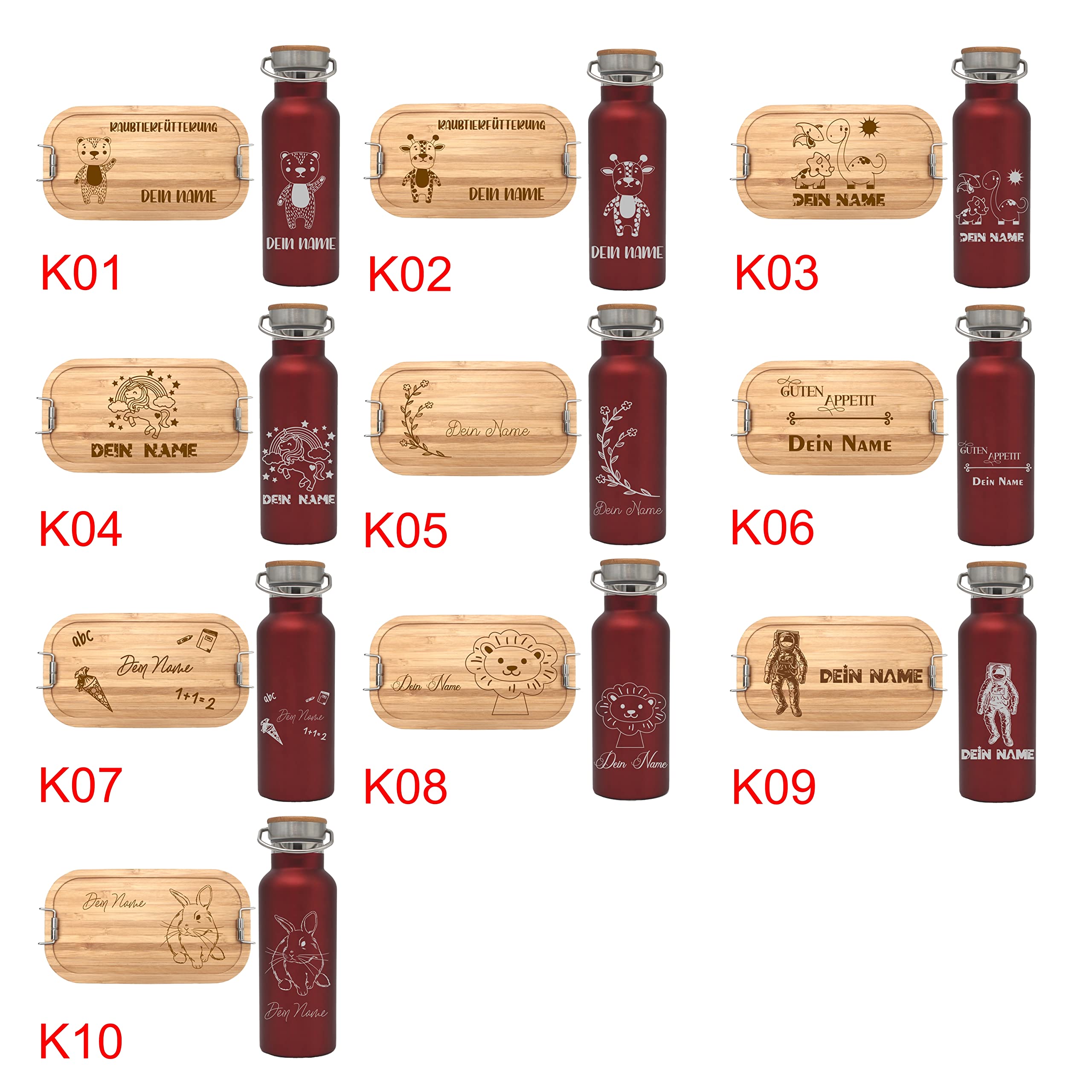 Brotdose 700ml mit Fächern und Trinkflasche 500ml aus Edelstahl mit Namen personalisiert, Lunchbox und Isolierflasche für Kinder und Erwachsene Brotzeitbox (Flasche ROT, Kleine Lunchbox 700ml)