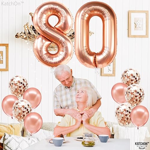 Miniatura 6 de KatchOn, Globos gigantes de oro rosa con el número 80, 40 pulgadas, globos de cumpleaños de 80 años de oro rosa para mujer, decoraciones de