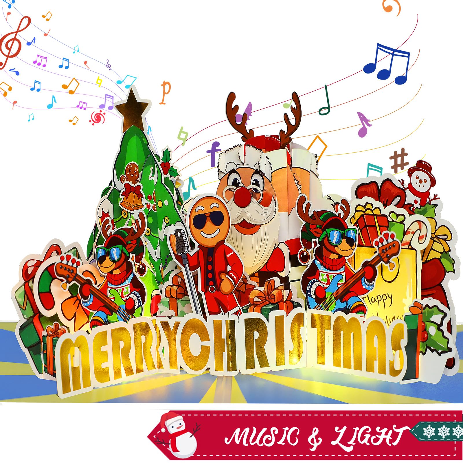 Christmas Card, Musical Merry Christmas Card w Light for Kids 3D Pop-up Santa Christmas Cards for Women/Men