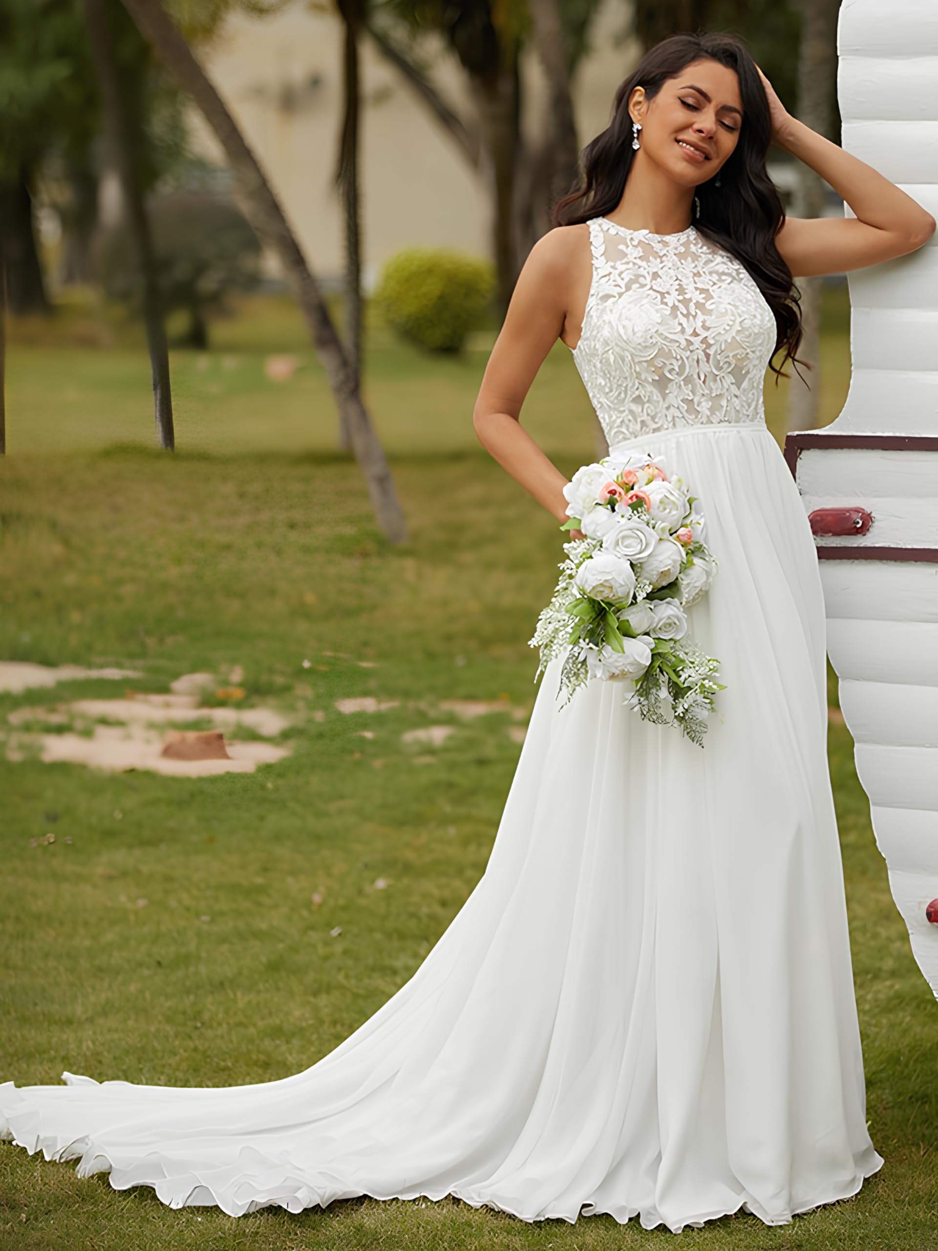 Robe de mariée longue élégante en dentelle et tulle pour femme Style bohème A Line