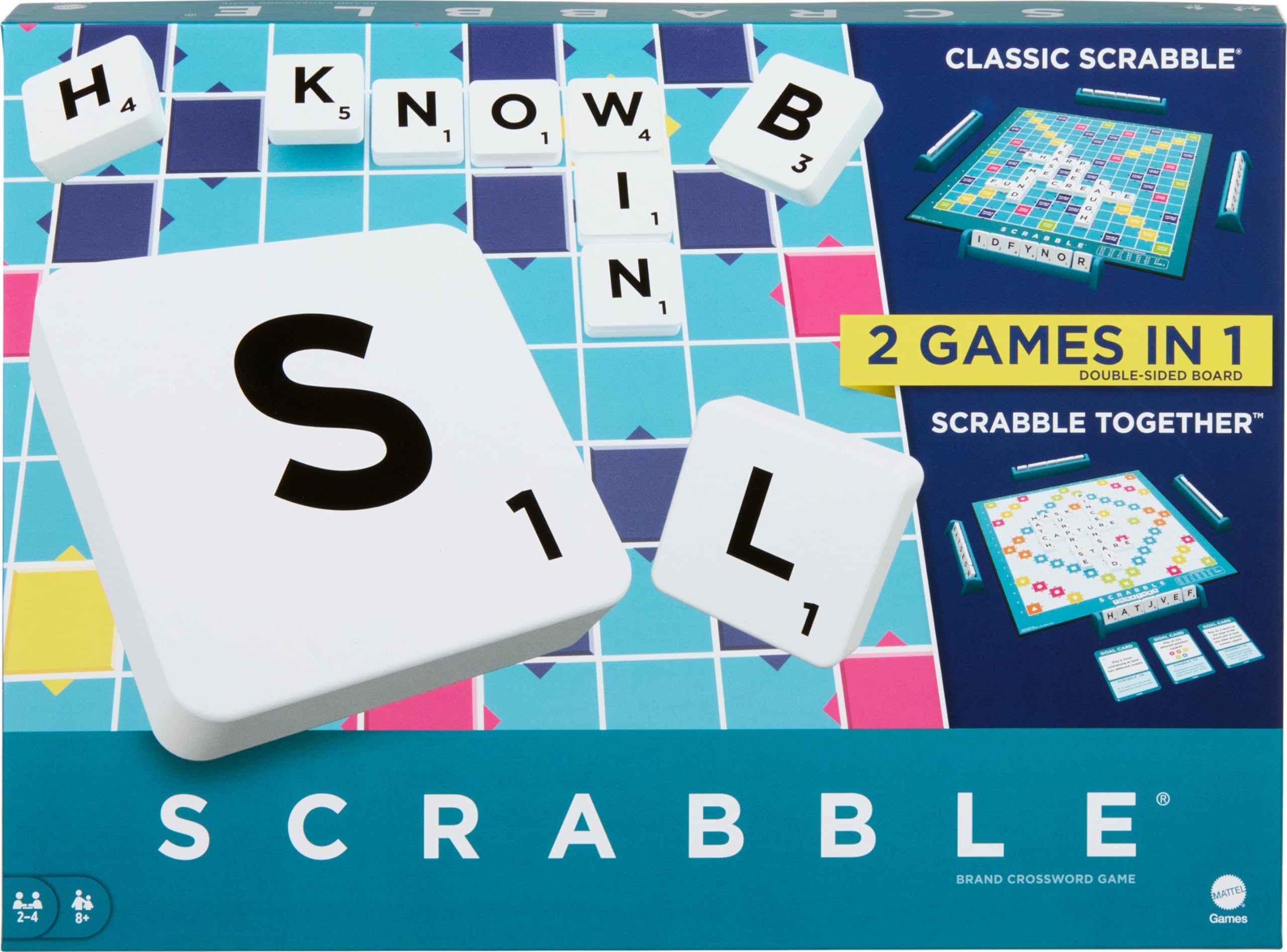 Scrabble Board Game, Family Word Game with Two Ways to Play, includes 50 Goal Cards that Teach Scrabble Basics for 2-4 Players, UK Version, HWD43