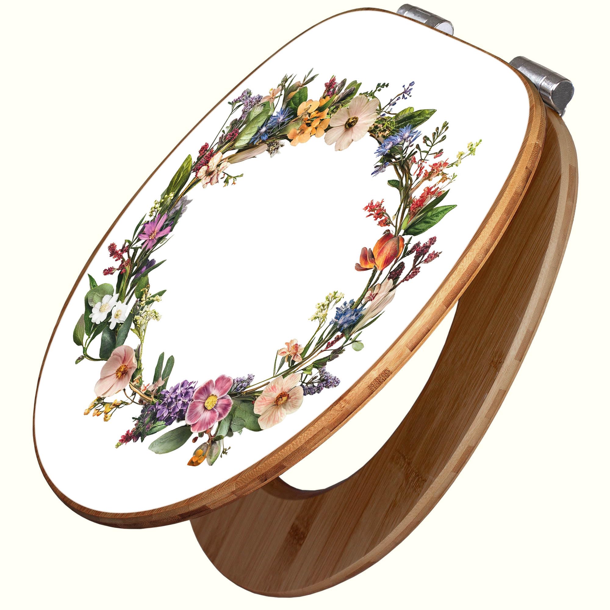banjado Design WC Sitz Bambus Absenkautomatik 45,8x37,5cm - Toilettendeckel mit Absenkautomatik Holz - hochwertiger Bambus Klodeckel - WC-Sitz für gängigen Toiletten - Motiv Blumenkranz der Jahreszeit