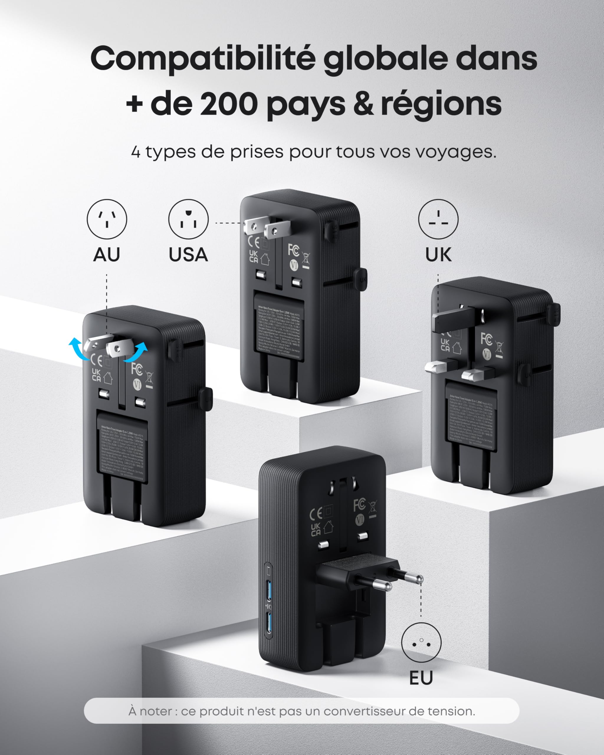 Anker Nano Adaptateur Prise Universelle Voyage 5 Ports 1 Prise CA 2 USB A 2 USB C Contrôle Intelligent Température 200+