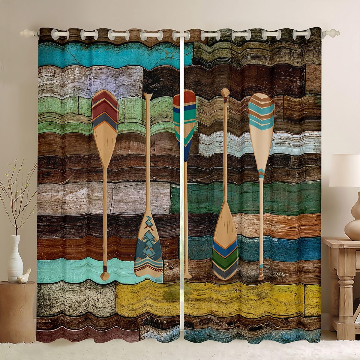 Lake Curtains & Drapes Lake Cabin Decor,Vintage Country Retro Watercolor Wood Blackout Curtains 2 Panels 38"Wx45"L Lake Life Decor,Farm Style Lake