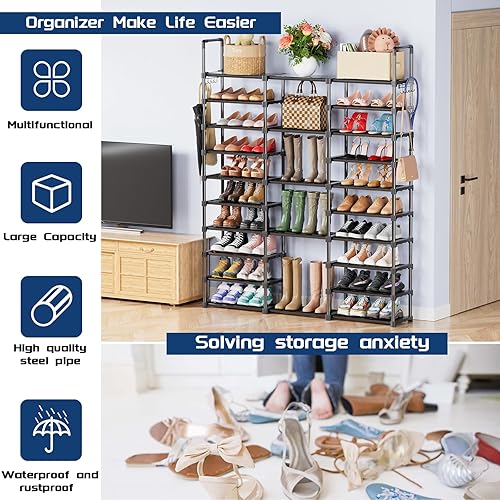 Miniatura 4 de Mavivegue Zapatero de 10 Niveles Organizador Alto de Zapatos Almacenamiento de Zapatos 55-65 Pares Estante Vertical de Zapatos Zapatero Grande
