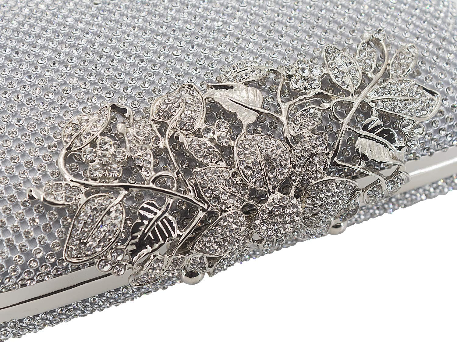 Womens Evening Bag with Flower Closure Rhinestone Crystal Clutch Purse for Wedding Party Silver