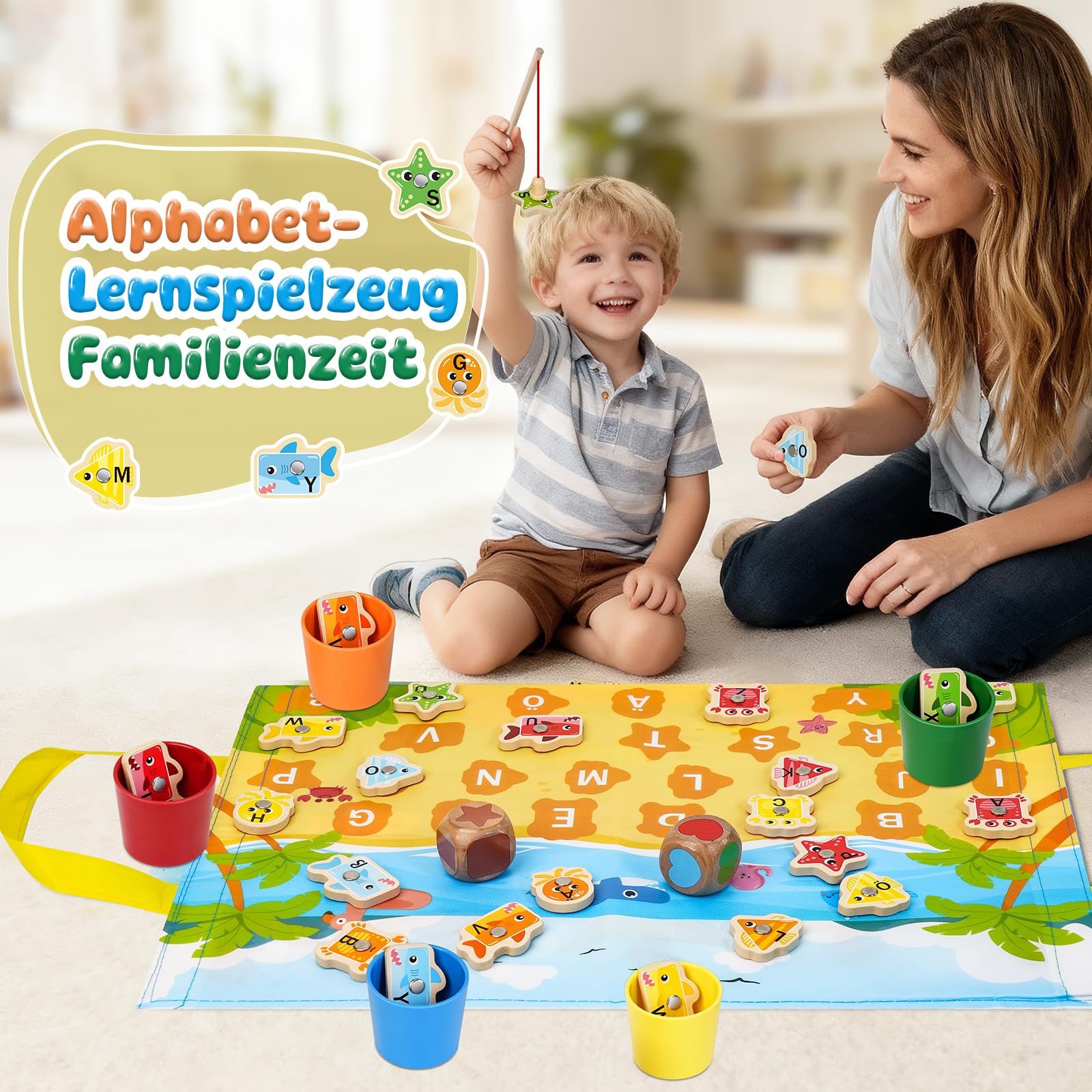 Juego De Pesca Montessori De Madera Para Niños 2 3 4 Años – 32 Animales Marinos, Cañas Y Dados En Español