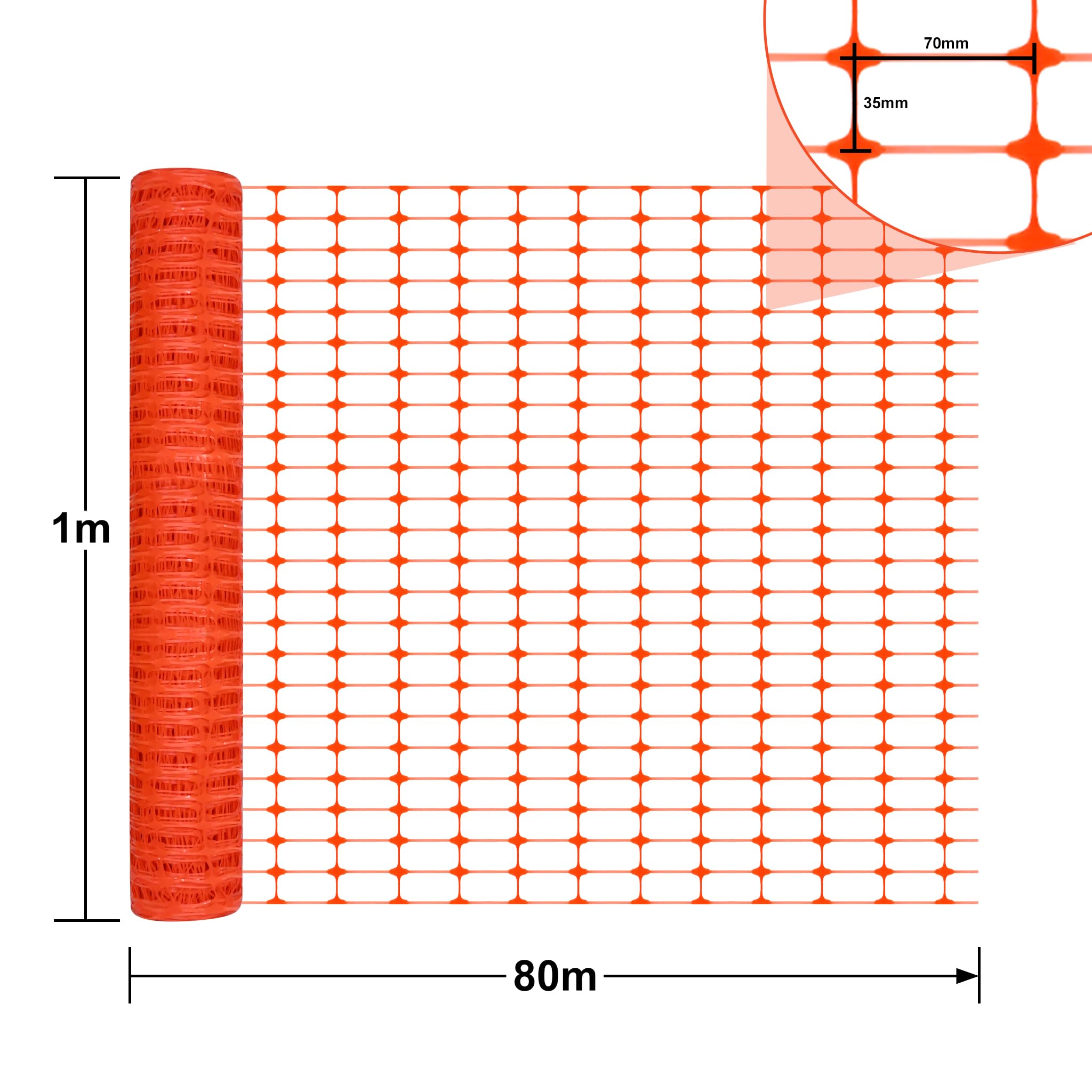 Valla de seguridad enrollada, 100 cm de altura, red de protección para obras (1 x 80 m, naranja)
