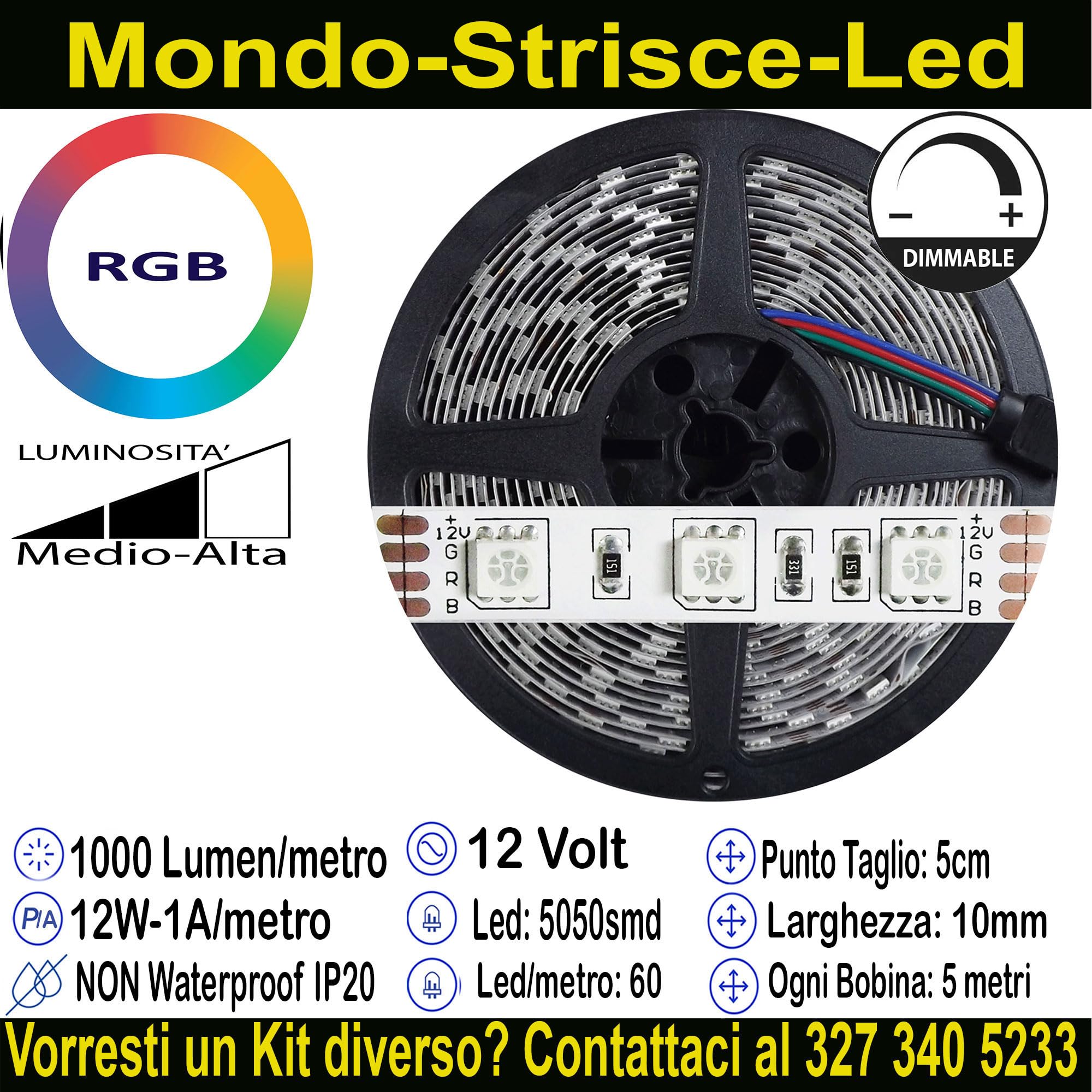 Strip Led RGB 12v (Kit da-15mt(3Bobine+1Trasf.+1Controller), 12W RGB ip20 12V)