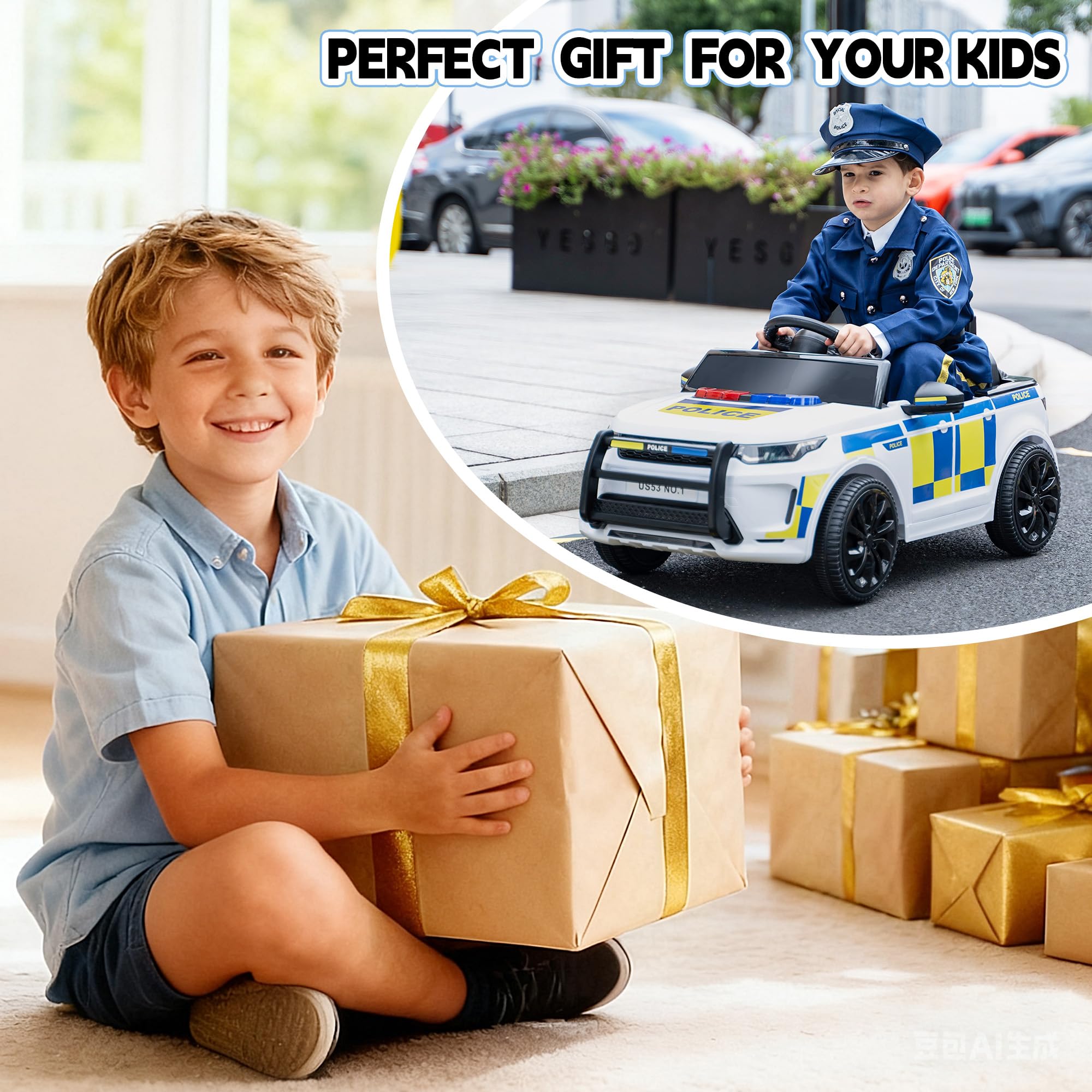 TOBBI Auto della polizia elettrica per bambini, giocattolo da poliziotto alimentato a batteria, 27 W, veicolo a 4 ruote con telecomando per genitori/soft start/3 velocità/clacson e LED, per bambini da