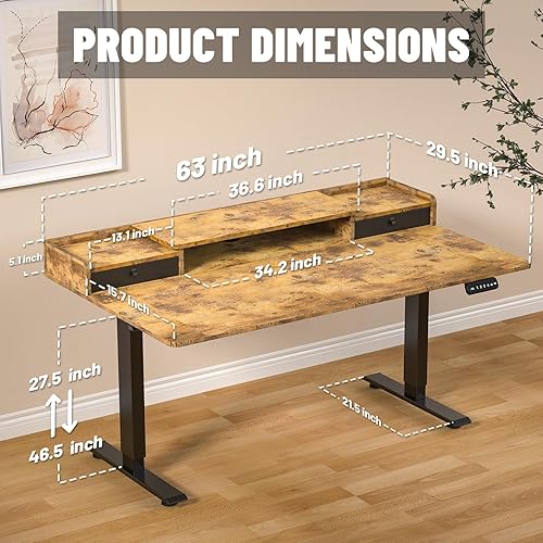 Miniatura 3 de Escritorio eléctrico de pie de 63 x 30 pulgadas con 2 cajones, escritorio de pie ampliado de altura ajustable con almacenamiento, estación de