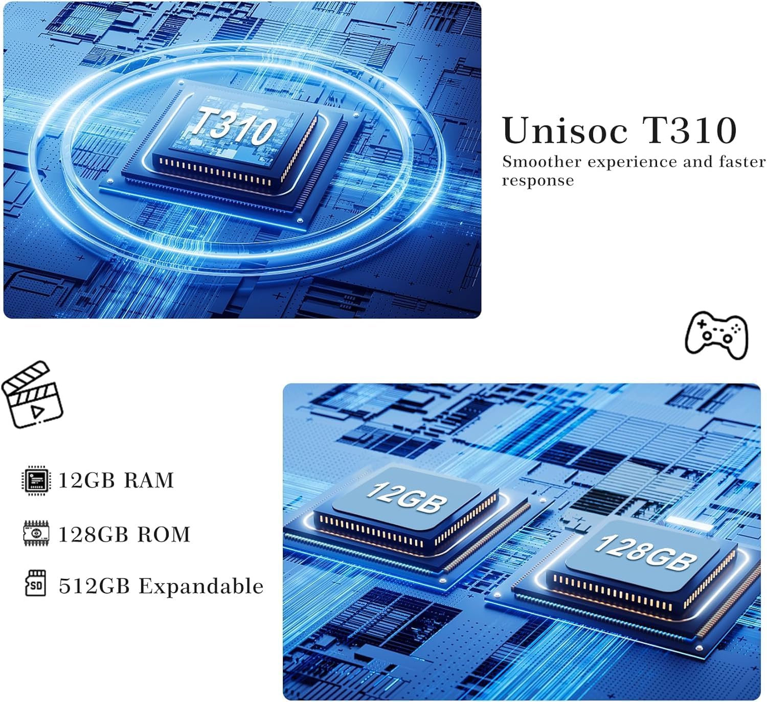 Diagram showing Unisoc T310 processor and memory chips (12GB RAM, 128GB ROM).