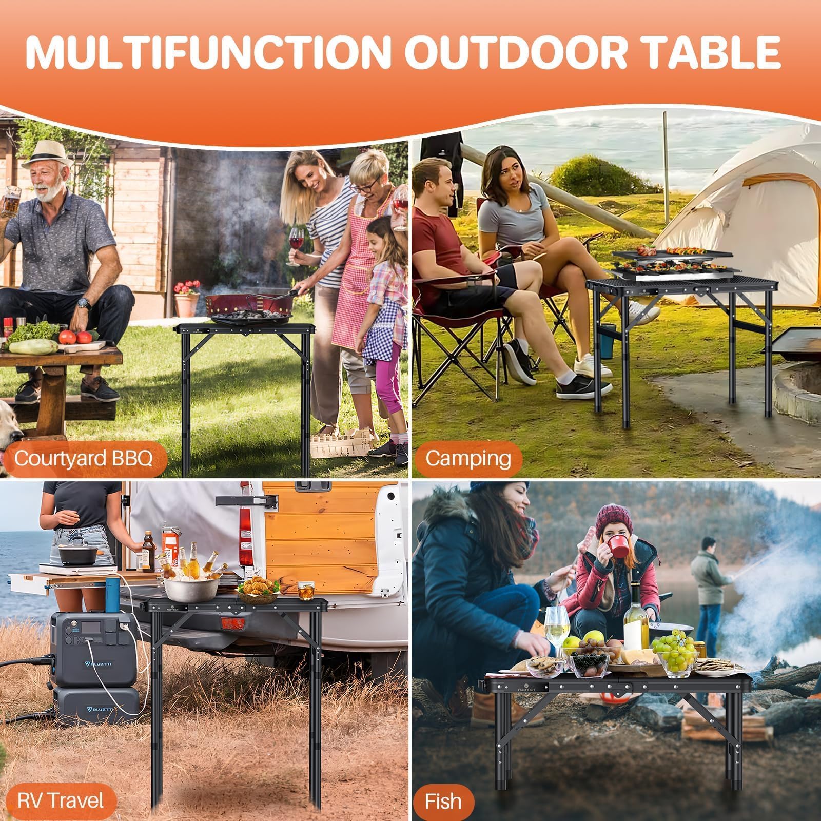 Mesa plegable para exteriores, mesas de campamento portátiles de 3 alturas ajustables, mesa de aluminio de metal ligero para exteriores con mango portátil para campamento, picnic, barbacoa, 6