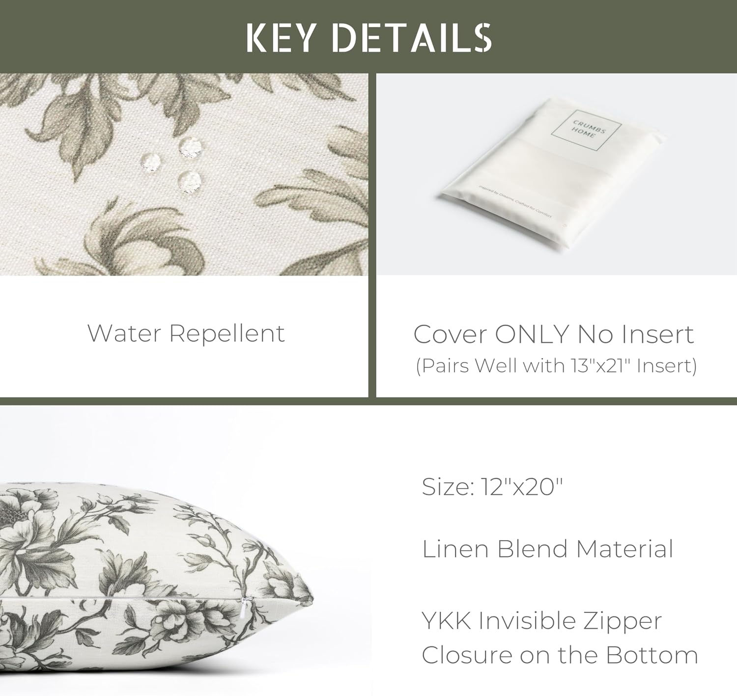 Crumbs Home Modern Farmhouse California Casual Indoor Outdoor Lumbar Pillow Cover, 12"x20" Water Repellent for Patio, Backyard, Couch, Poolside, Oliver Green Print Vintage Chinoiserie Floral