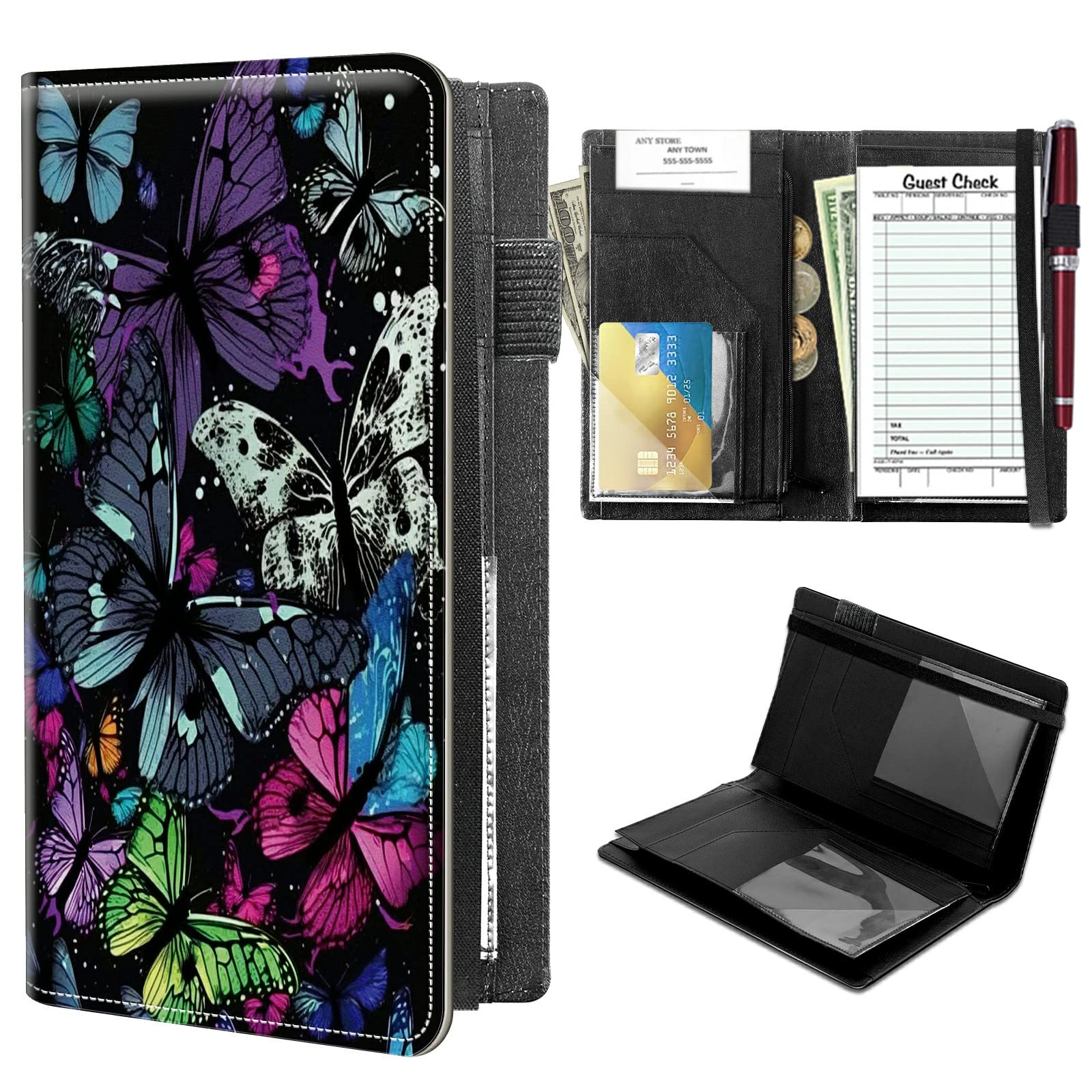 High Volume Server Books, Colorful Butterfly Server Book w/ 2 Expandable Pockets 9 x 5 Cute Waitress Book Zipper Pocket & Strap Closure Waitstaff Organizer Server Booklet Waiter Money Wallet