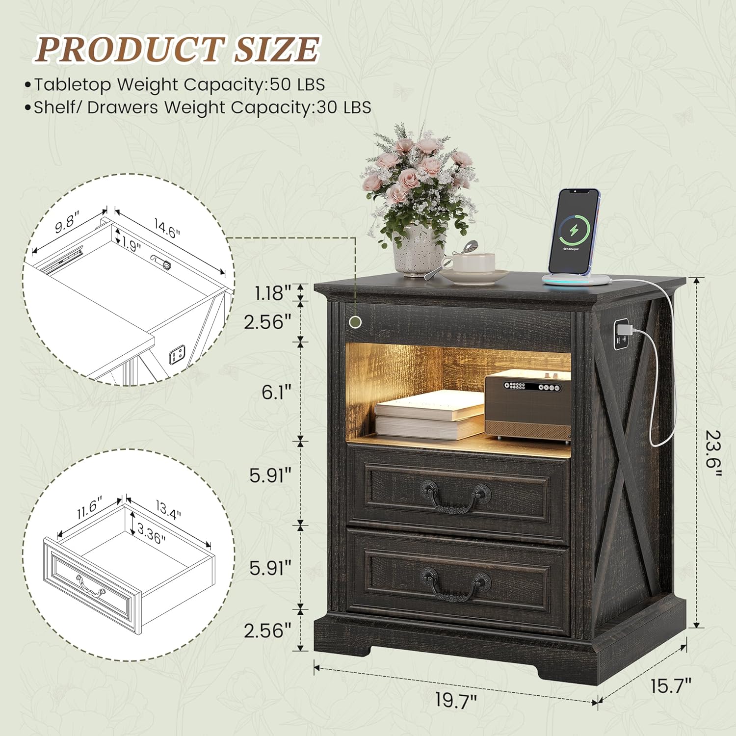 Night Stand with Gun Drawer, Bedside Table with LED Light & Human Sensor, Nightstand Gun Safe with 2 Drawers for Bedroom, Farmhouse End Table with Charger Station, Rustic Brown