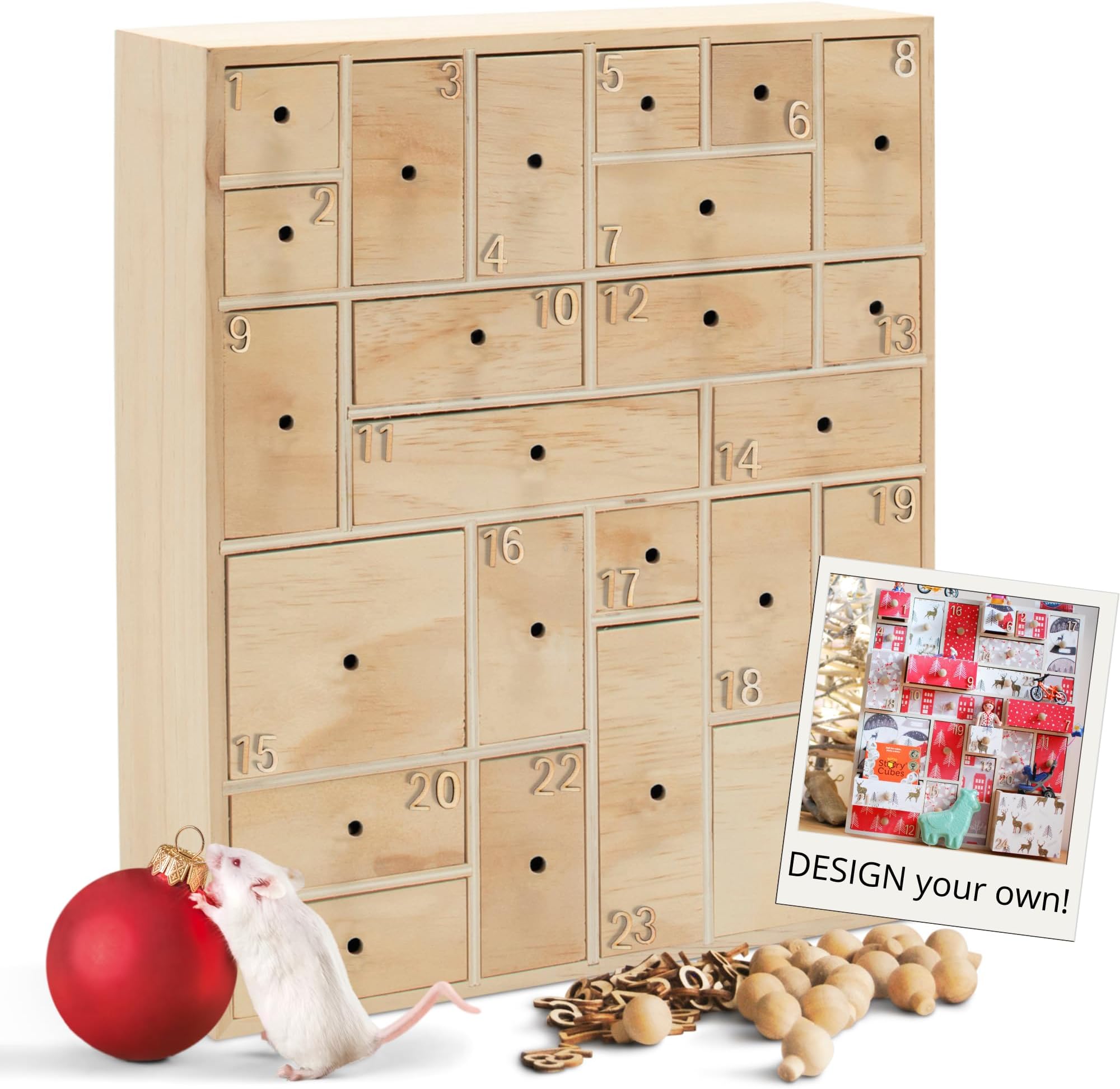 DIY Wooden Advent Calendar Apothecary Cabinet Craft Storage organiser with Drawers for Decorating or Natural Wood. Handles Detached. Comes in Gift Box