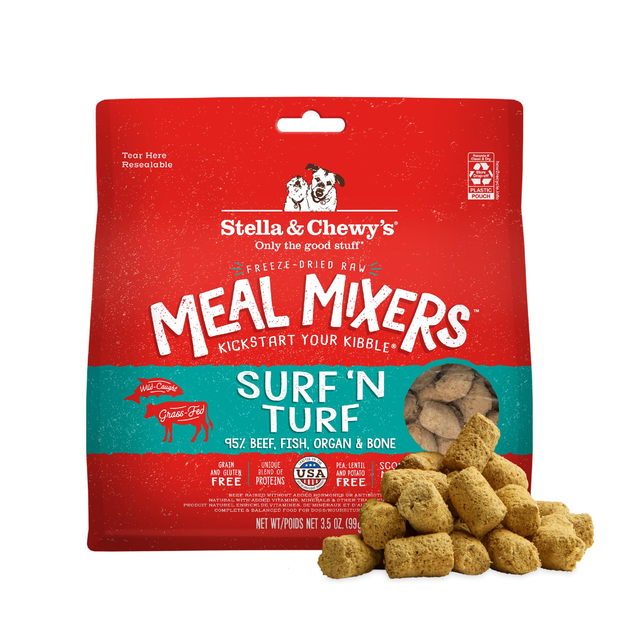 Stella & Chewy's Freeze-Dried Raw Surf & Turf Meal Mixers - Dog Food Topper and Mixer - Made with 95% Grass-Fed Beef & Wild-Caught Salmon - Perfect for Picky Eaters - Grain-Free - 3.5 oz