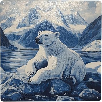 Square Metal Tin Sign,Polar Bear On Ice With Snowy Mountains, Arctic Wild Animals Home Decor Tinplate,Living Room, Bedroom, Office, Game Room Wall Art Aluminum Poster 8x8 Inch