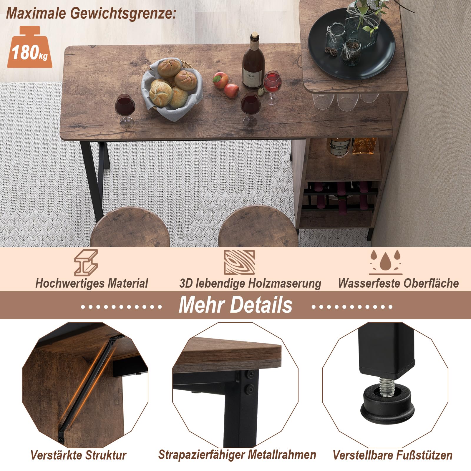 RELAX4LIFE Bartisch Set 3-Teilig, Esstisch mit 2 Barhockern, Thekentisch mit 3 Ablagen & 2-stufigem Weinregal & Glashalter, Bistrotisch Set mit Metallgestell, Essgruppe für 2 Personen (Kaffee)