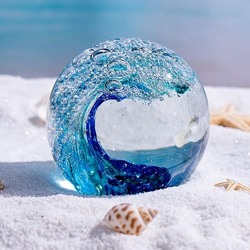Miniatura 5 de Figuras de vidrio soplado de onda azul, coleccionables, arte de cristal de mar, olas del océano, pisapapeles, decoración para el hogar y la oficina,