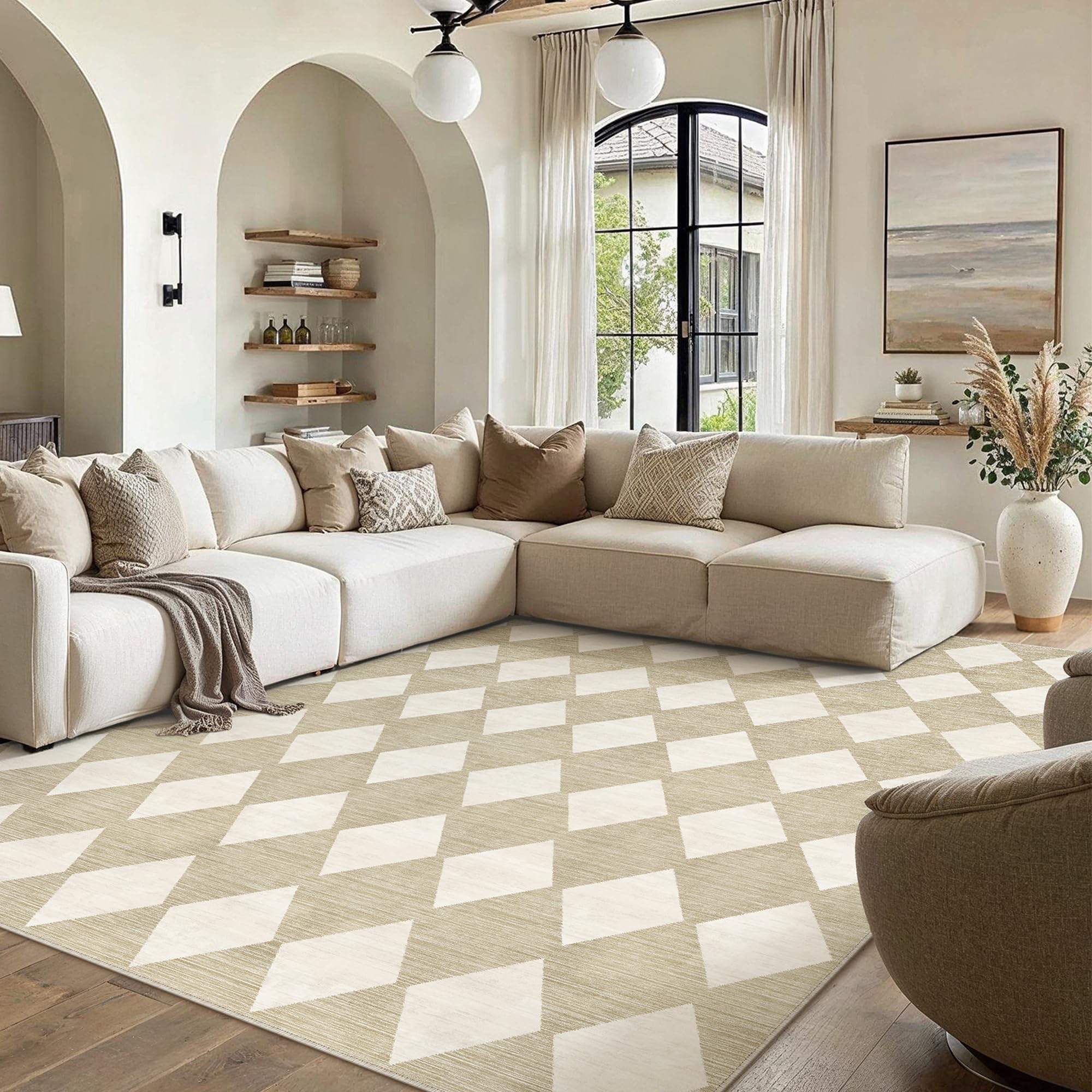 PureCozy 8x10 Checkered Area Rugs for Living Room Beige Machine Washable Large Rug Non-Slip Stain Resistant Low Pile Boho Accent Indoor Throw Carpet for Bedroom Dining Room Home Aesthetic Decor