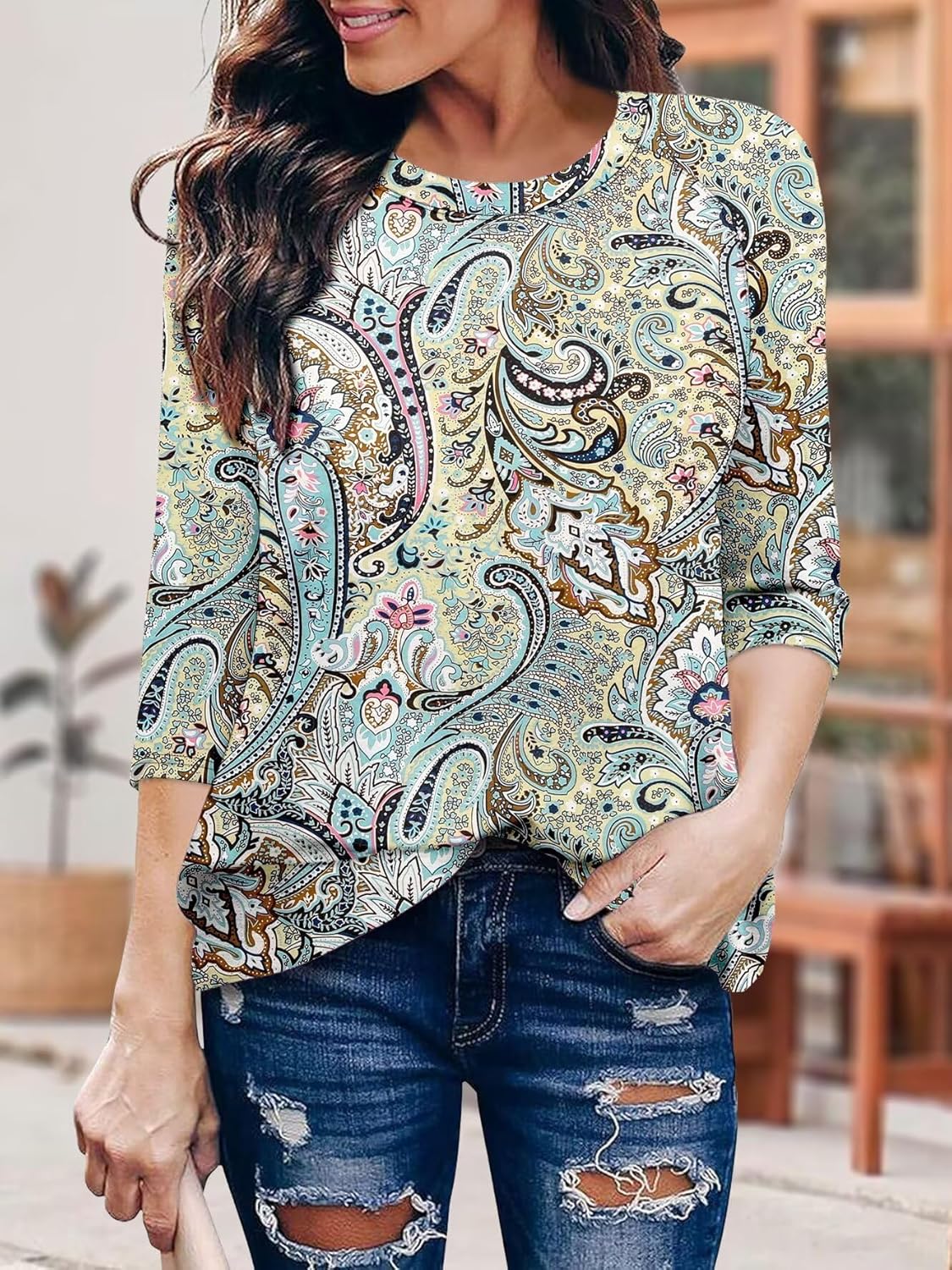 KISSMODA Women's Round Neck Pleated 3/4 Sleeve Tunic Top - Image 4