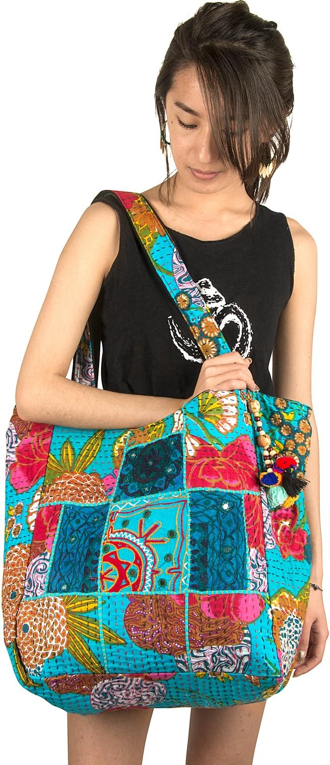 TribeAzure Large Oversize Blue Canvas Hippie Hobo Boho Tote Shoulder Bag Handbag Unique Tote Quilt Beach Travel Summer - Image 4