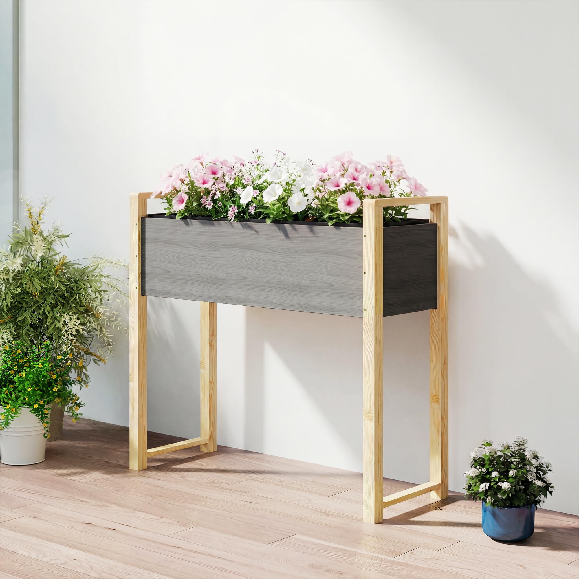 Outsunny Carré Potager avec Pieds en Bois Surélevé 98 x 37 x 90 cm Gris | Jardinière Extérieure, Grande Taille, 4 Trous de Drainage, Tissu Non Tissé, pour Légumes, Fleurs