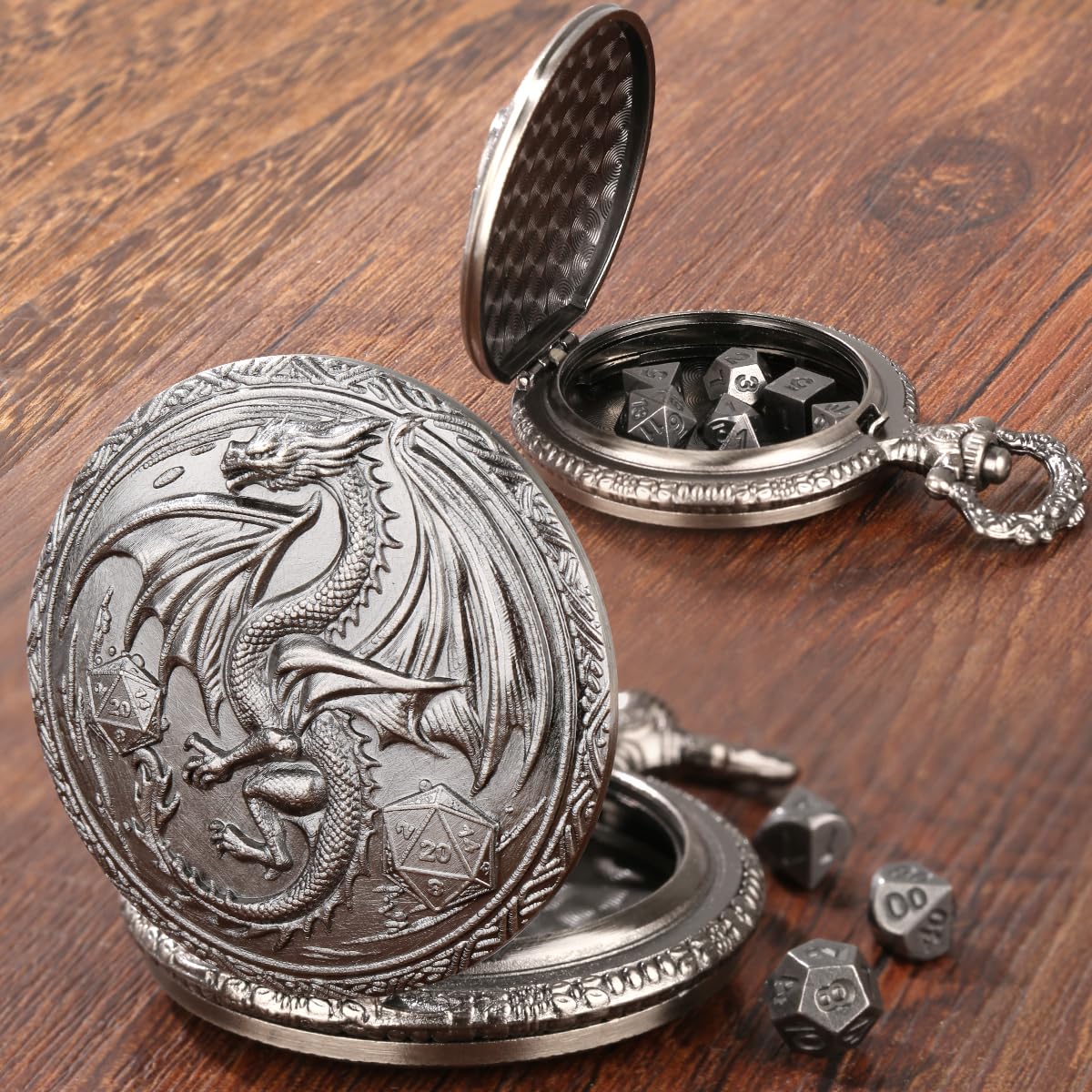 Mini DND Dice Set including Steampunk Winged Flying Dragon Pocket Watch Shell Case, 7pcs Polyhedral Metal Dice Set - Image 3