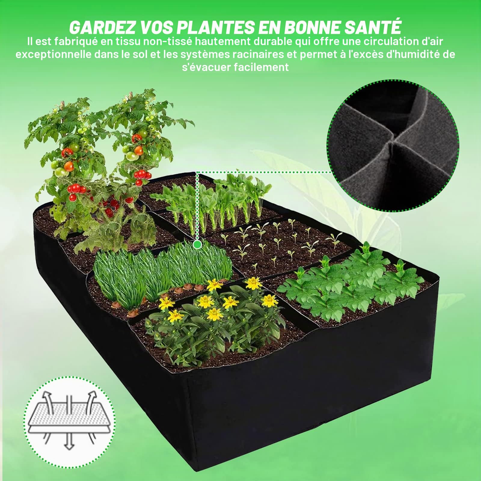 GAESHOW 2 Pièces Sacs Carré Contenant de Plantation, 8 Grilles Sacs de Plantation en Non Tissés 180 x 90 x 30 cm, Sac à Plantes, Sacs à Plantes pour Pommes de Terre Tomates Fraises Fleurs