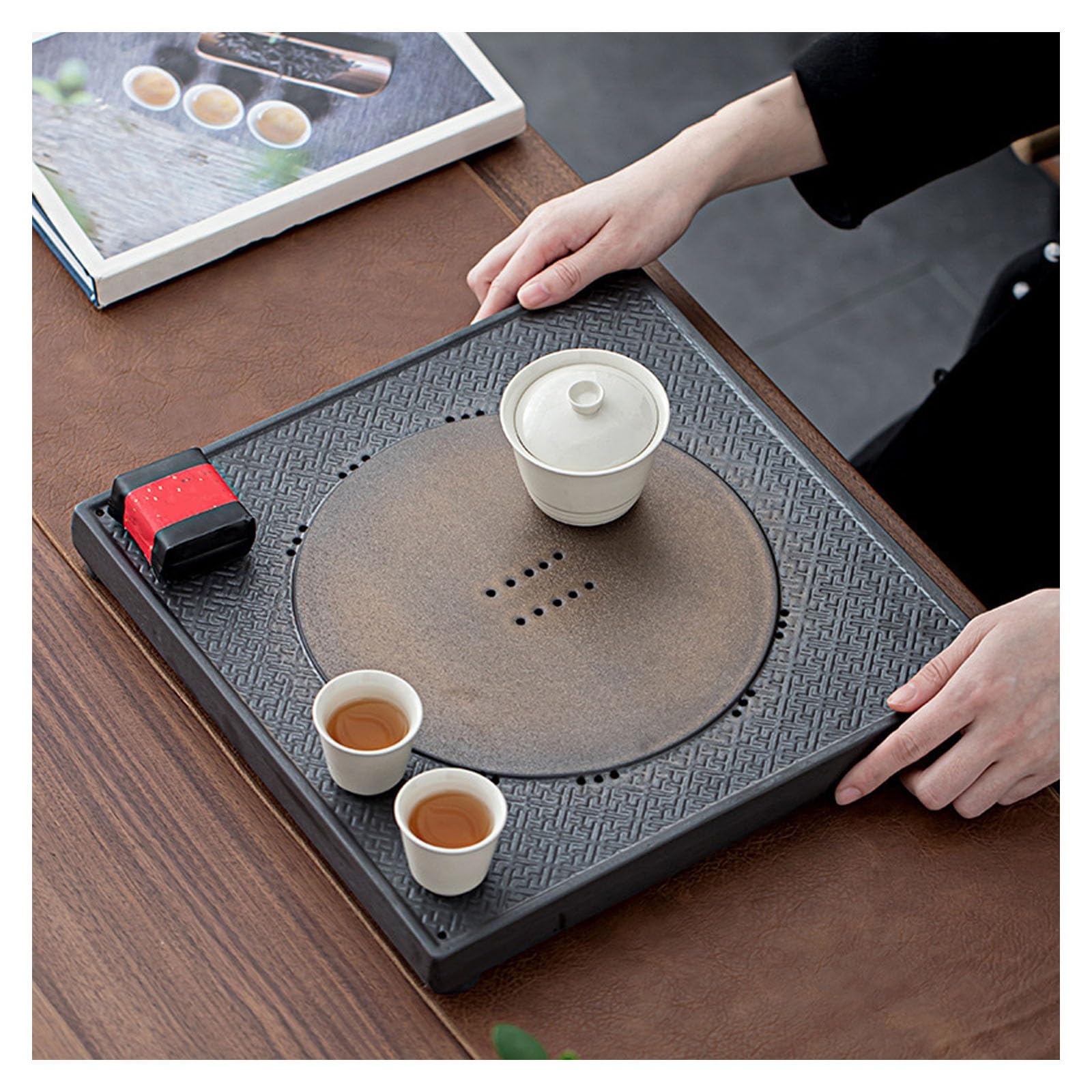 Bandeja de té de cerámica, resistente al calor con almacenamiento, bandeja de servicio de té chino antiguo de Kung Fu para decoración del hogar, oficina o bar