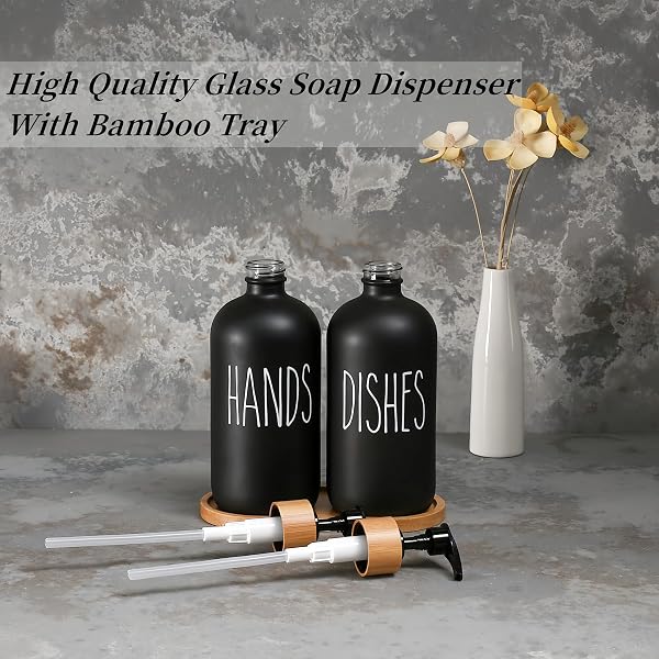 Glas Seifenspender Set, BIKALAN 475ml Seifenspender Schwarz Matt Badezimmer Set mit Tablett, Shampoo Lotion Handseifenspender für Küche Arbeitsplatte - 3