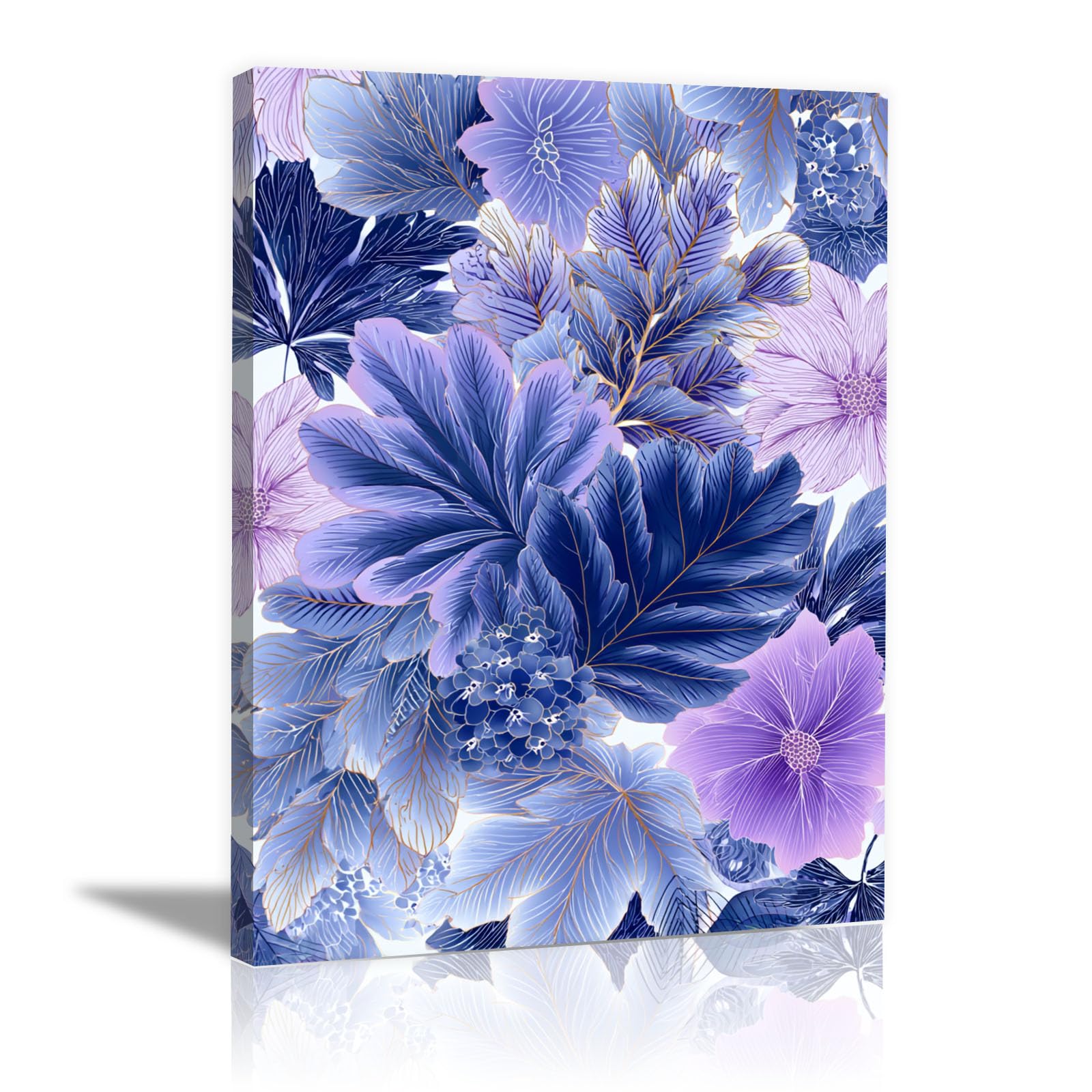 Teruea Purple Canvas Poster Print Art Dark Violet Base With Gilded Leaf Botanical Blooms Canvas Wall Art For Home Decor Modern Bathroom Office Wall Decor Paintings(Purple)-30X45cm1 Framed