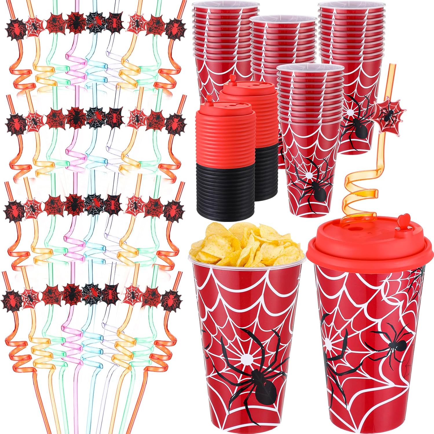 Maxcheck 20 Sets Spider Party Favors Goodie Cups with Lids and Straws for Birthday Decorations 36Pcs 16oz Plastic Cups Reusable Plastic Straws for Birthday Party (Spider)
