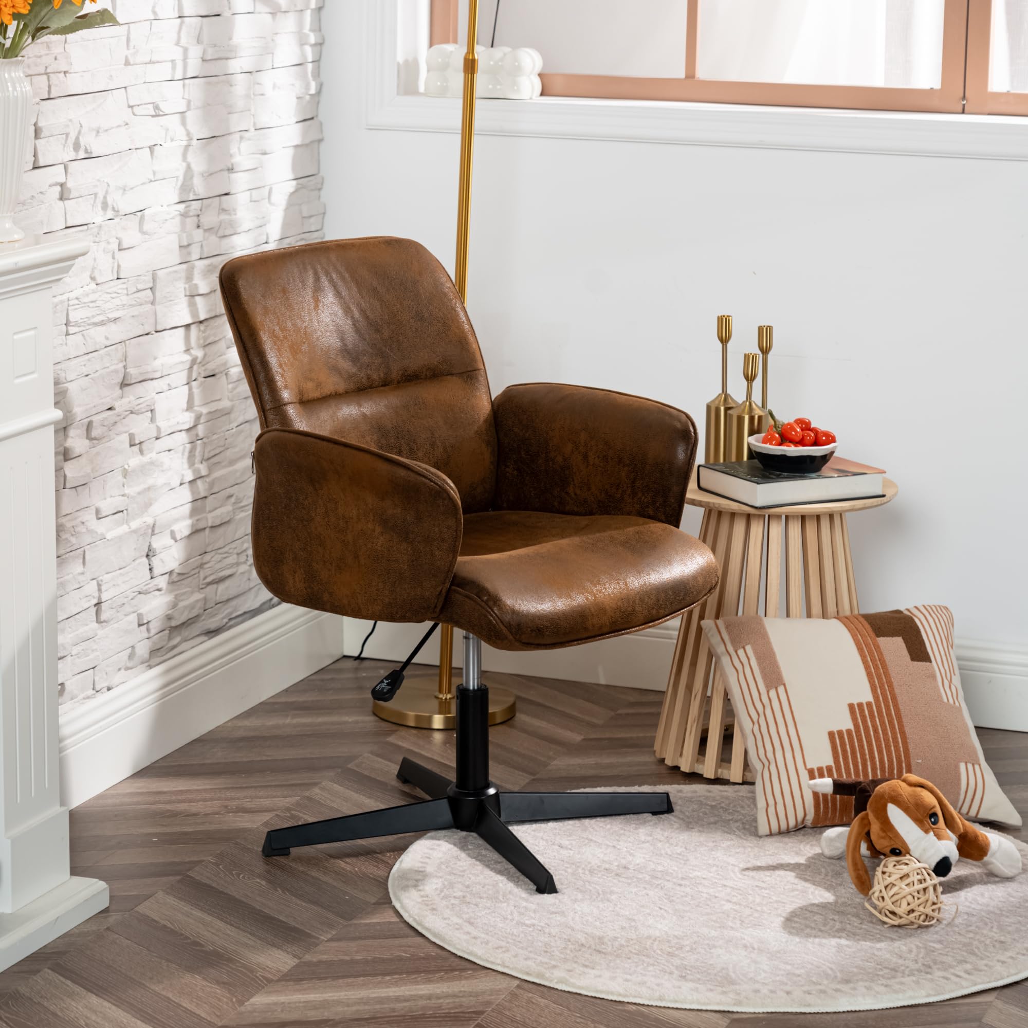 MEUBLE COSY Fotel obrotowy z regulacją wysokości krzesło do salonu zamszowe skórzane siedzisko do salonu, brązowy