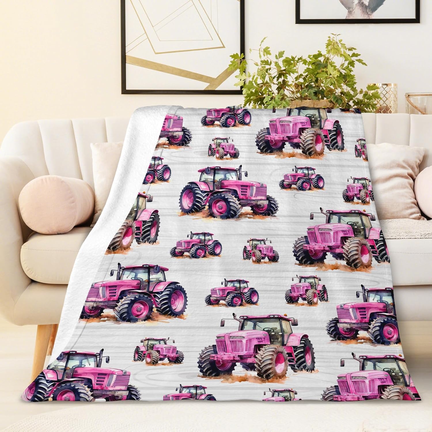 Tractor Blanket Gifts for Boys Girls, Pink Tractor Throw Blankets for Sofa Couch, 60x80 Inch Cozy Fuzzy Throws for Kids Teens Adults, Gift Idea for Birthday Christmas Valentine