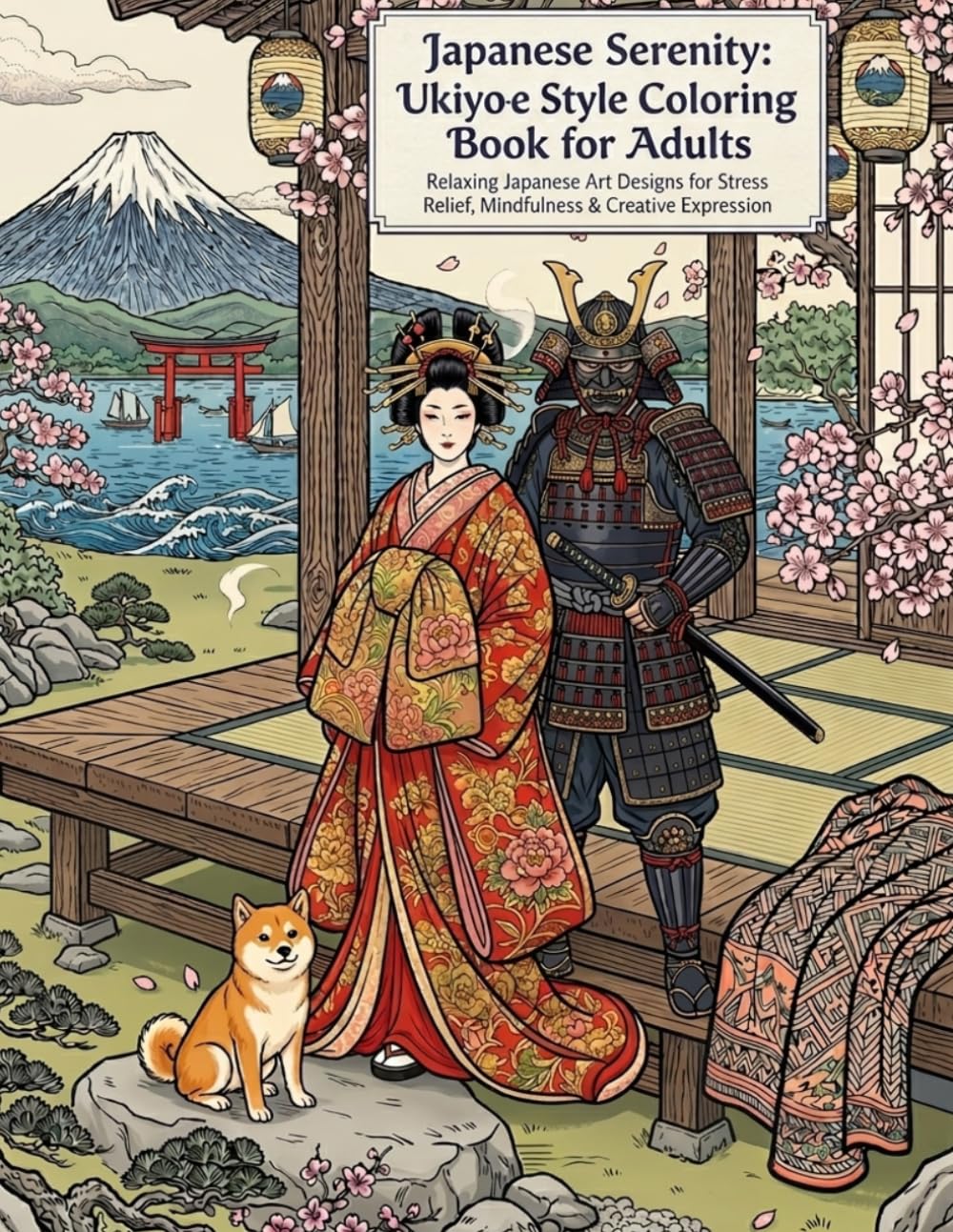 Japanese Serenity: Ukiyo-e Style Coloring Book for Adults: Relaxing Japanese Art Designs for Stress Relief, Mindfulness & Creative Expression