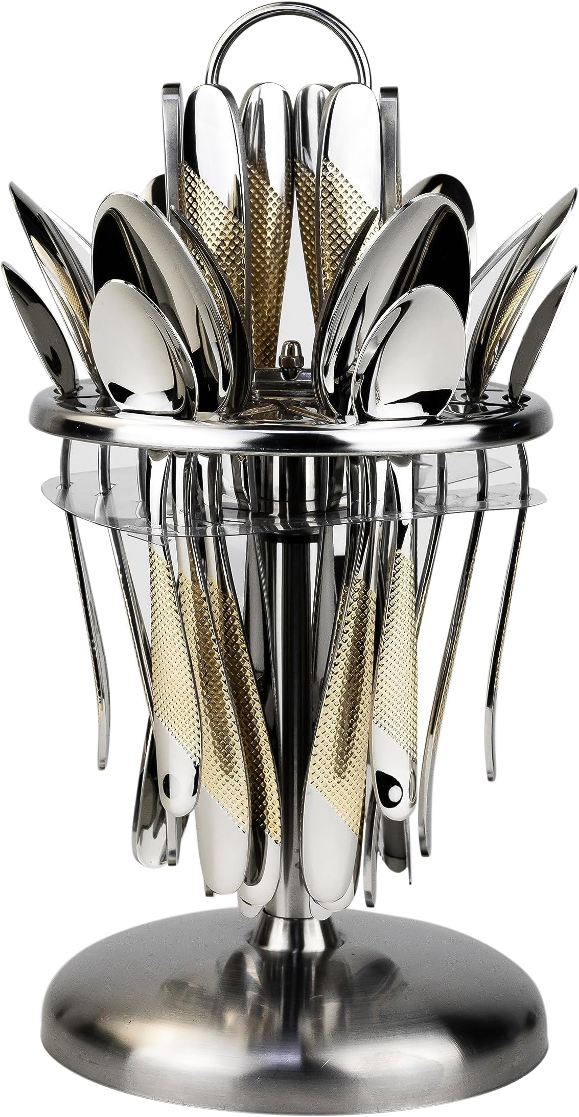 Berger 24 Piece Silverware Flatware Cutlery Set with Revolving Round Stand, Stainless Steel Includes 6 Knife, Fork, Spoon and Tea Spoon, Dinner Mirror Polished, Dishwasher Safe