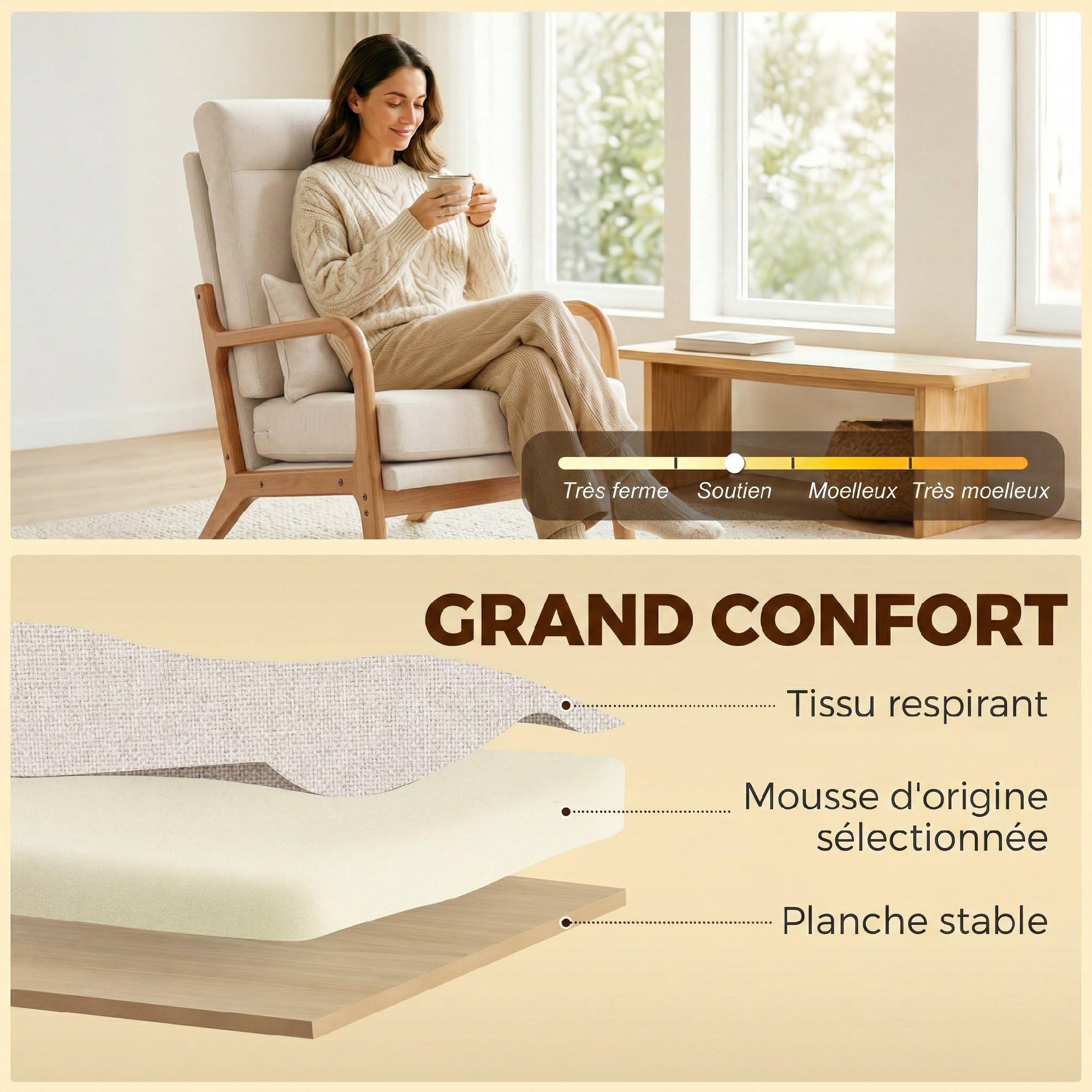 HOMCOM Fauteuil Salon, Fauteuil d'appoint rembourré en Lin avec Large Assise, Soutien Lombaire, Haut Dossier, Coussin épais et Structure en Bois Massif, Chaise de Salon, Chambre, Coins Lecture, crème