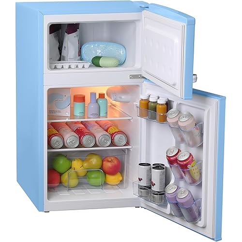 West Bend Mini Fridge with Freezer for Bedroom, Office, Bar or Dorm Room, Retro Compact Refrigerator features Glass Shelves, Manual Defrost and Adjustable Temperature Control, 3.1-Cu.Ft., Blue