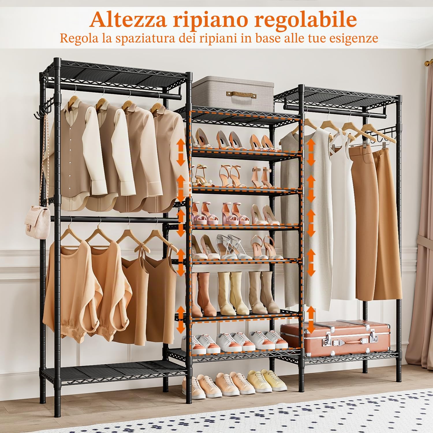 Appendiabiti resistente autoportante appendiabiti organizer grande armadio con scarpiera, asta appendiabiti, ripiano regolabile, nero