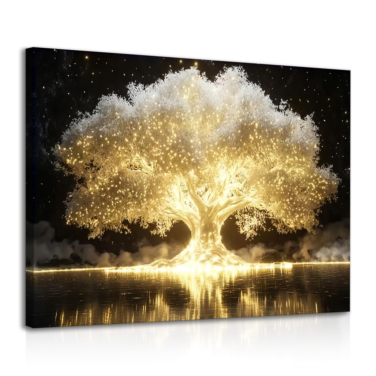 Dazzlewall Framed Enchanting Luminous Tree of Life Wall Art,Magical Fantastic Golden Tree with Reflection Canvas Prints for Bedroom Living Room Decor 12x16 in