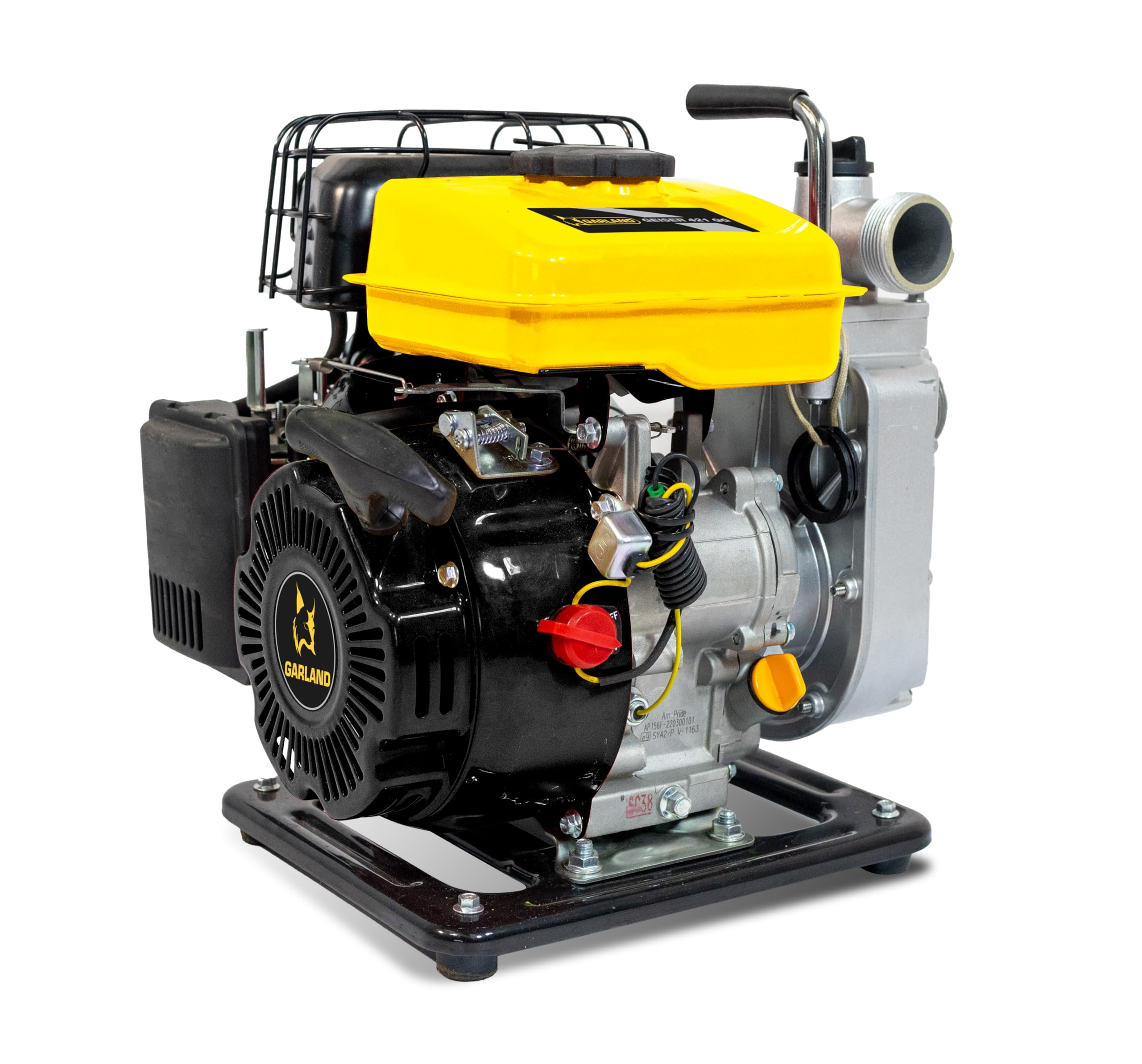 GARLAND GEISER 421QG-V23 – Motobomba de agua a gasolina 4T, 98 cc, 1,5", 12 m³/h, altura impulsión 25 m, aspiración 7 m, depósito 1,6 L, ideal riego, trasvase y achique