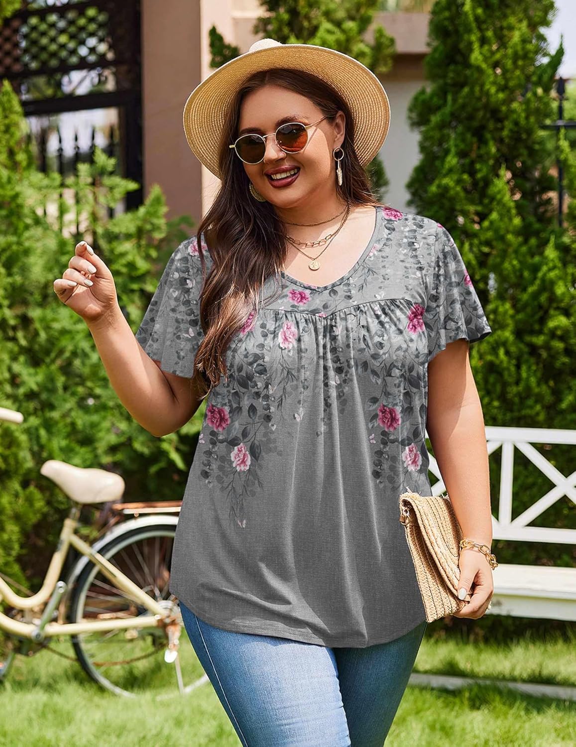IN'VOLAND Plus Size Womens Ruffle Sleeve Tunic Tops V Neck Summer Shirts Floral Print Tops Dressy Blouse - Image 2