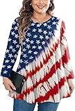 Tunic Tops for Women Plus Size 3/4 Sleeve Crew Neck Swing Flare Loose T-Shirt Blouses to Wear with Leggings American Flag Tunic Navy Red XX-Large