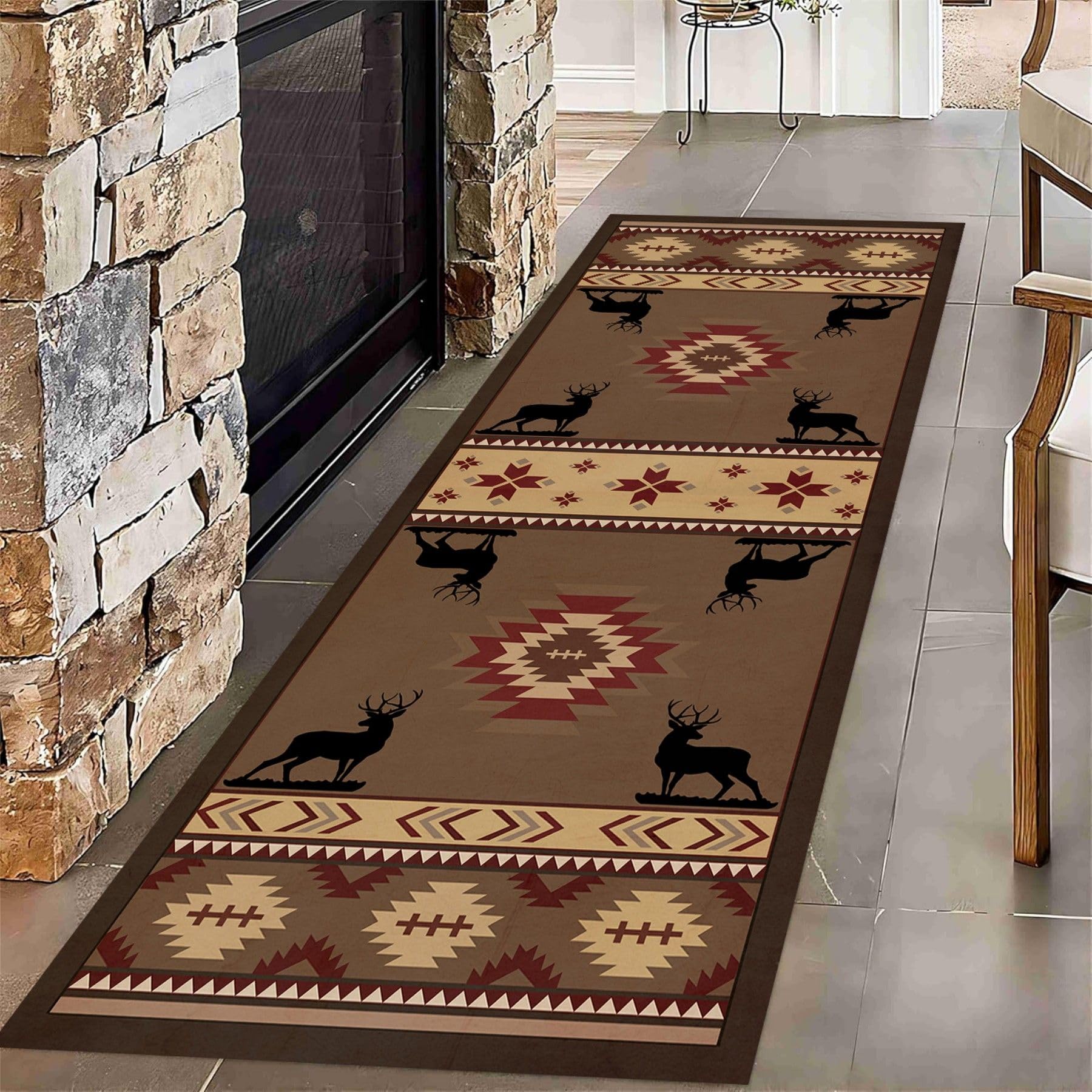 ZLXMN Rustic Cabin Elk Deer Hallway Rugs 2x7ft Aztec Tribal American Native Southwest Rug Non Slip Washable Brown Runner Rug for Hallway Kitchen